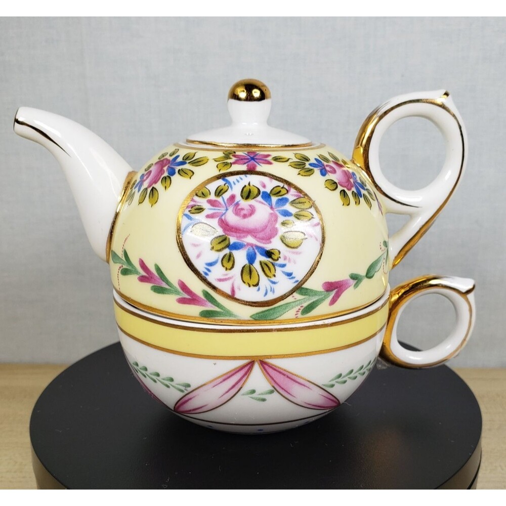 Vintage Nantucket Single Serve Teapot With Lid And Teacup Yellow Floral 4” Tall
